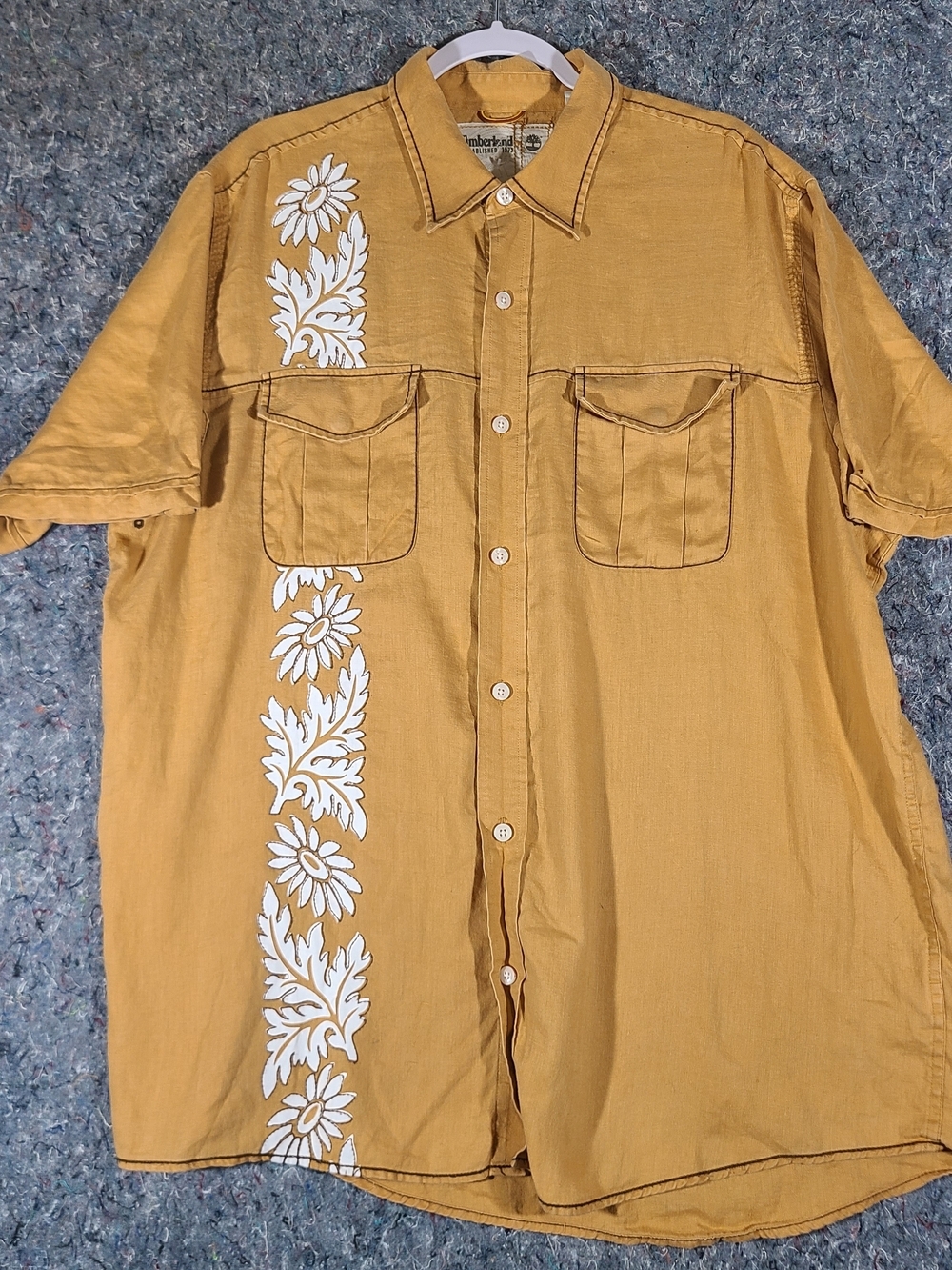 Timberland 100% Linen Floral Embroidered Camp Shirt Men's XL Mustard Short Sleev